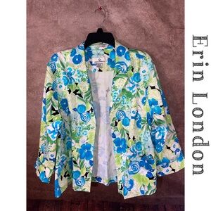 Erin London XL jacket/blazer-white/blue/green floral-cotton spandex blend-EUC